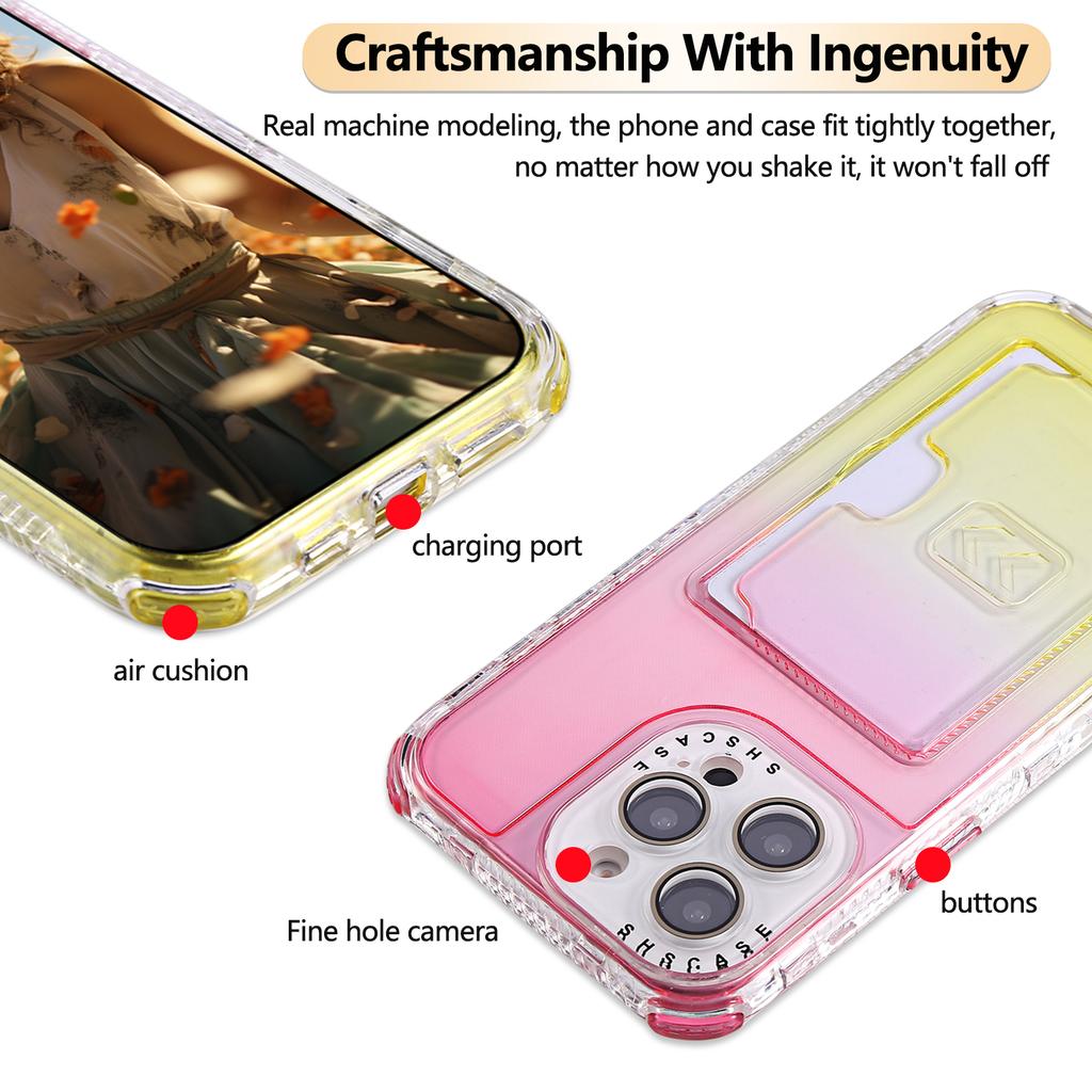 For iPhone 16 Pro Case Card Holder Gradient Color PC+TPU Anti Drop Phone Back Cover with Lens Film