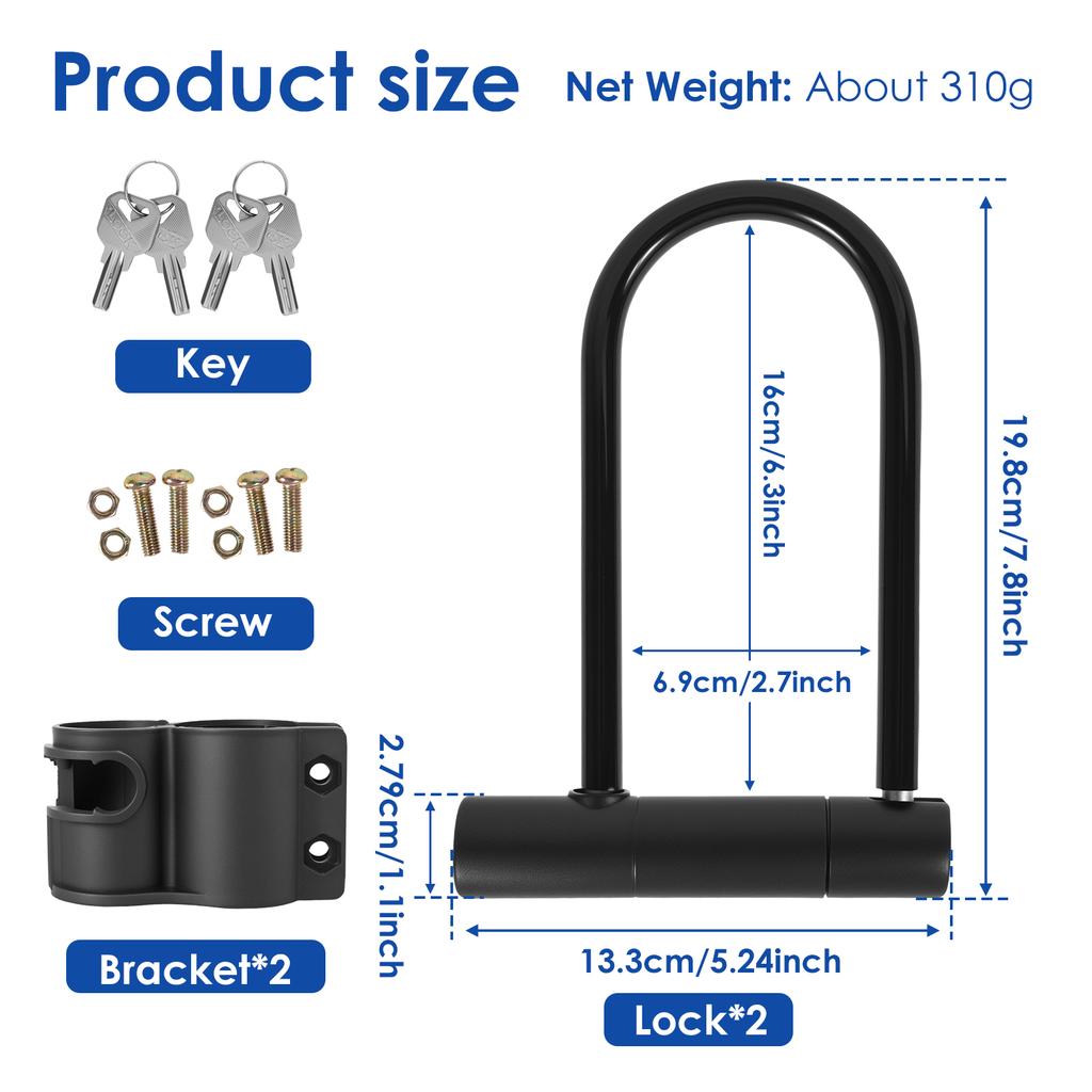 Bike U-Lock Heavy Duty Bicycle Locks Electric Scooter Padlock Anti-theft Bike Locks Set with Keys for Road Bicycles Accessories