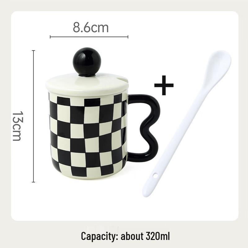 Chessboard Pattern Ceramic Coffee Mug with Lid and Spoon