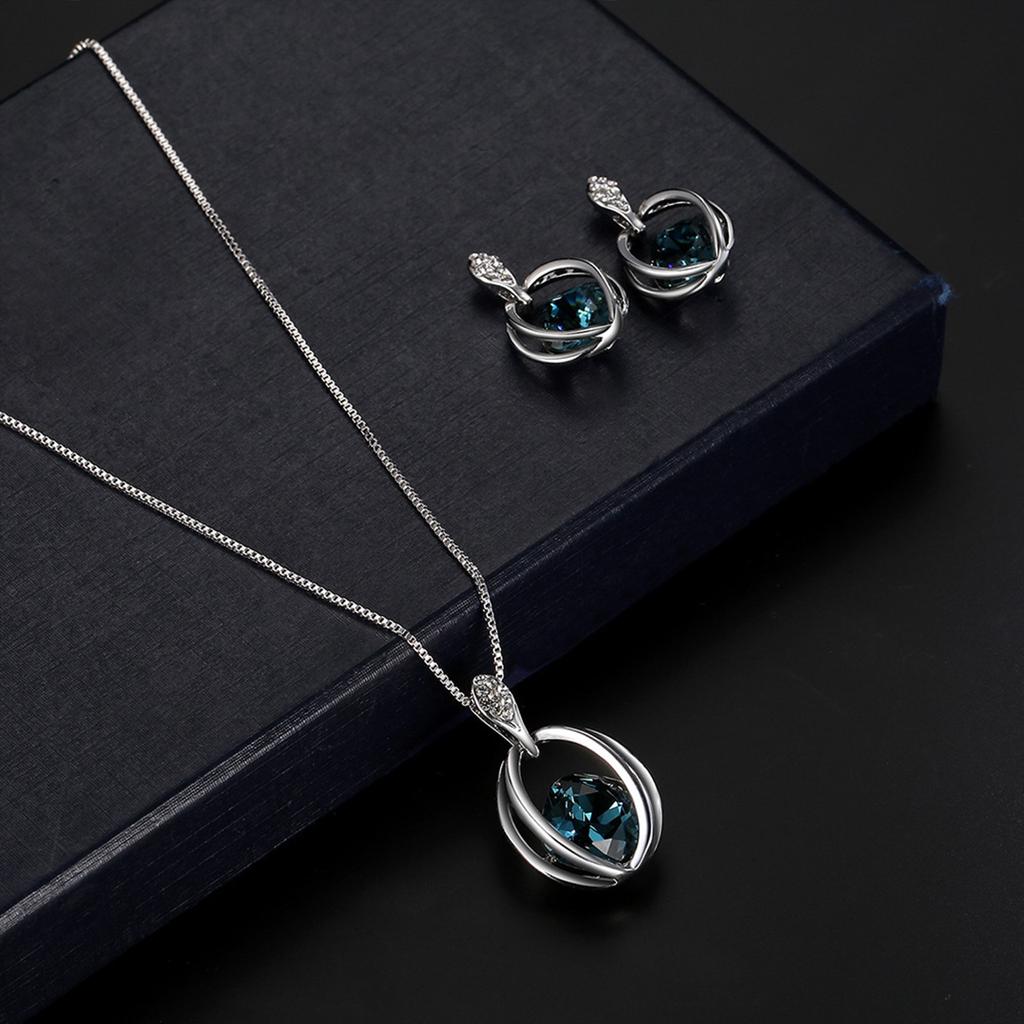 Women's Crystal Diamond Earrings Pendant Necklace Set Blue