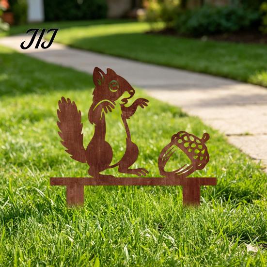 Outdoor Plant Bed Decor Rusty Metal Squirrel with Acorn Garden Stake, Cute Animal Silhouette Sculpture, Decorative Outside Yard Art Ornament for Patio