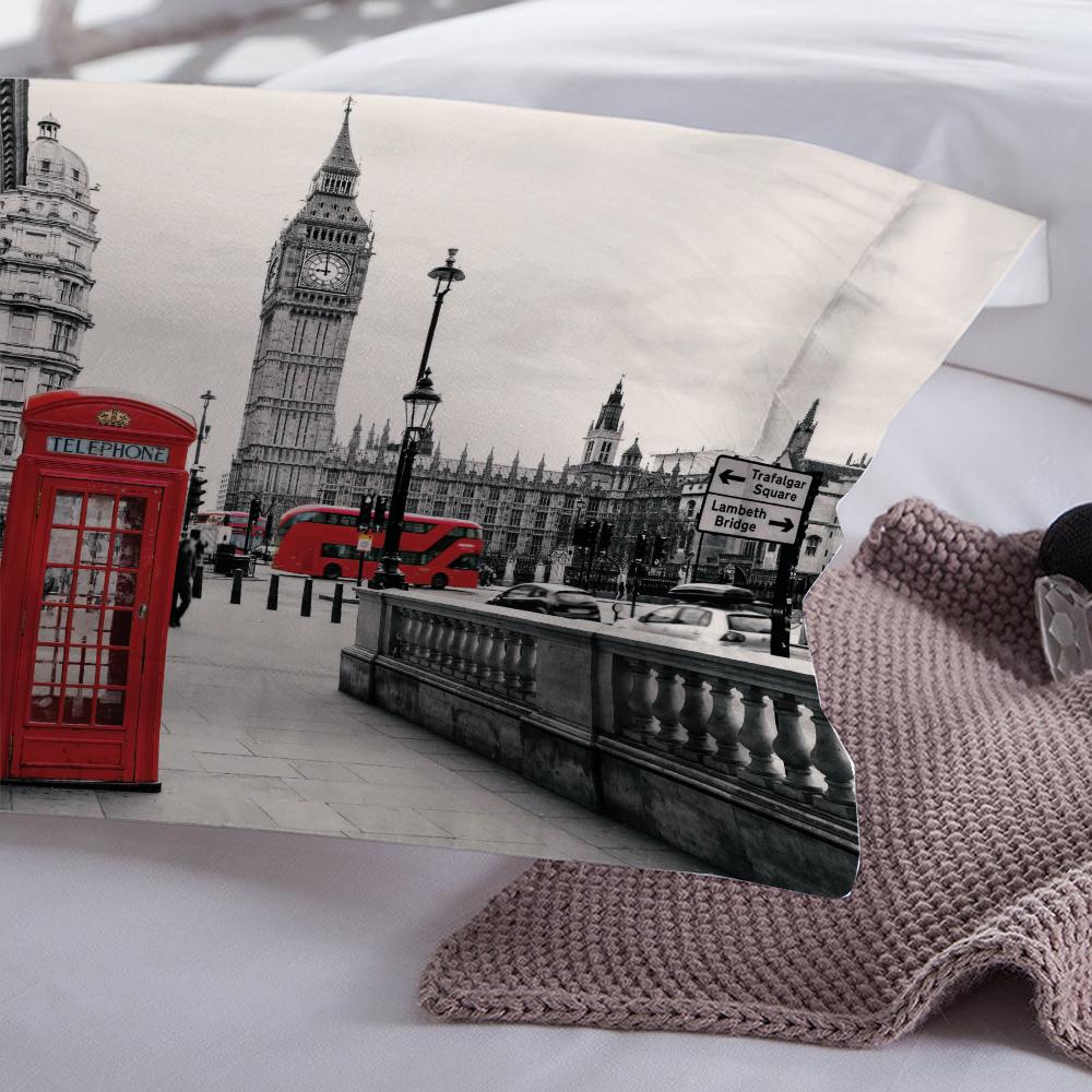 3D - Printed London City Landscape Bed Linen Set: Big Ben, Red Phone Booths & Buses Pattern. Includes Duvet Cover + Pillow Cover