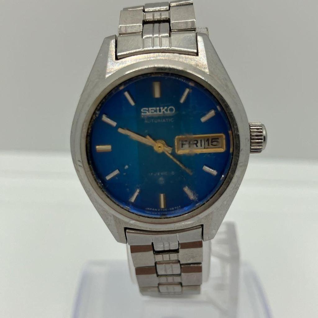 Used Working item Ladies SEIKO automatic watch Day-Date cut glass blue dial