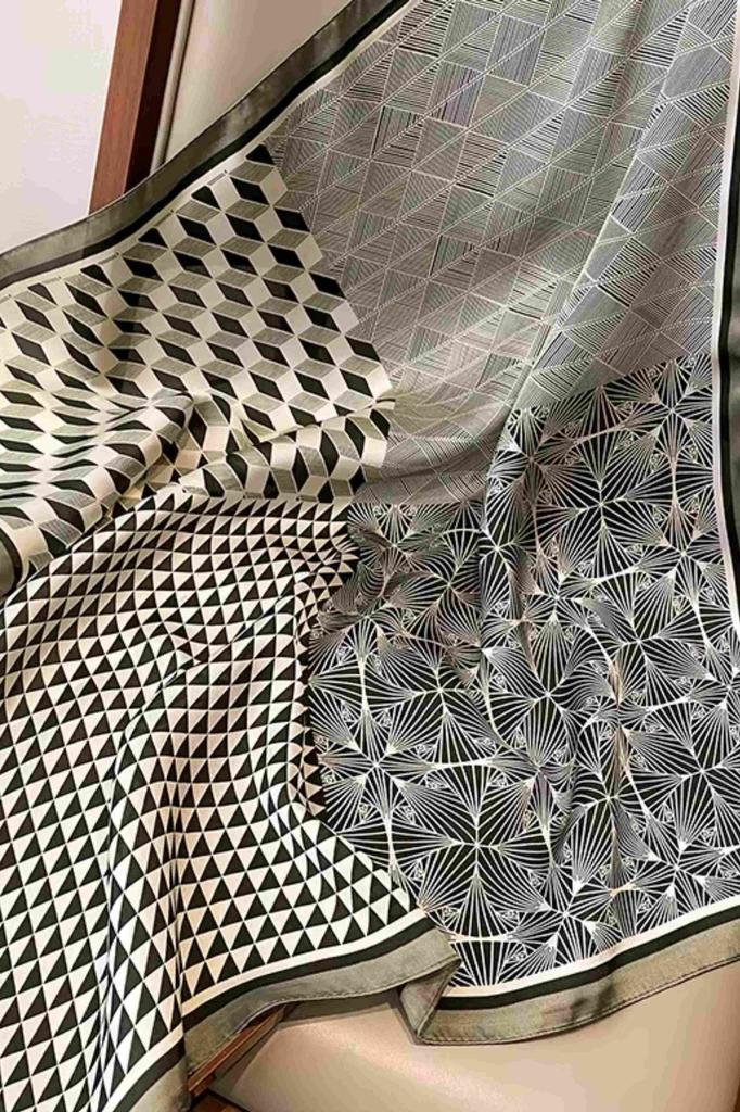 Women' Scarf Olive-Beige 70X70 - Geometric and Plant-like, Silky to the Touch