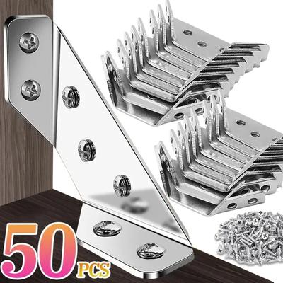50/1Sets Corner Brackets Stainless Steel Furniture Angle Shelf Connector Cabinet Support Fixing Frame Corners Brace with Screws