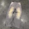 Vintage Washed Denim Jeans Unisex Loose Straight Leg Streetwear Gray Patchwork Fall Winter