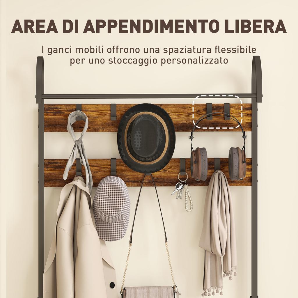 Entryway Coat Rack with Rod, 10 Hooks, Bench and Shoe Rack, In Wood and Metal, 80x40x182 Cm, Brown and Black