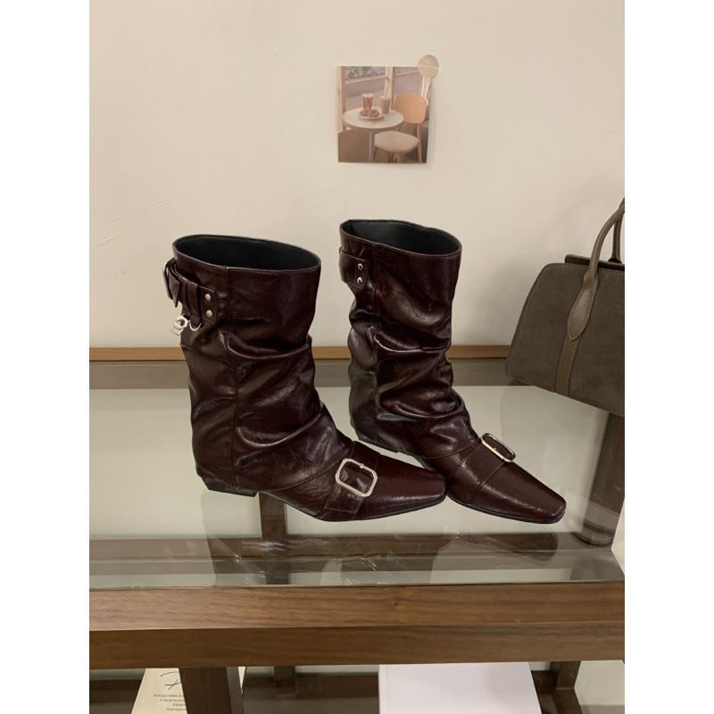 

Нишевый дизайн ретро коричневая пряжка ремня короткие ботинки женские ботинки осень и зима 2025 новые западные ботинки на меху рыцарские ботинки 39 бордовый