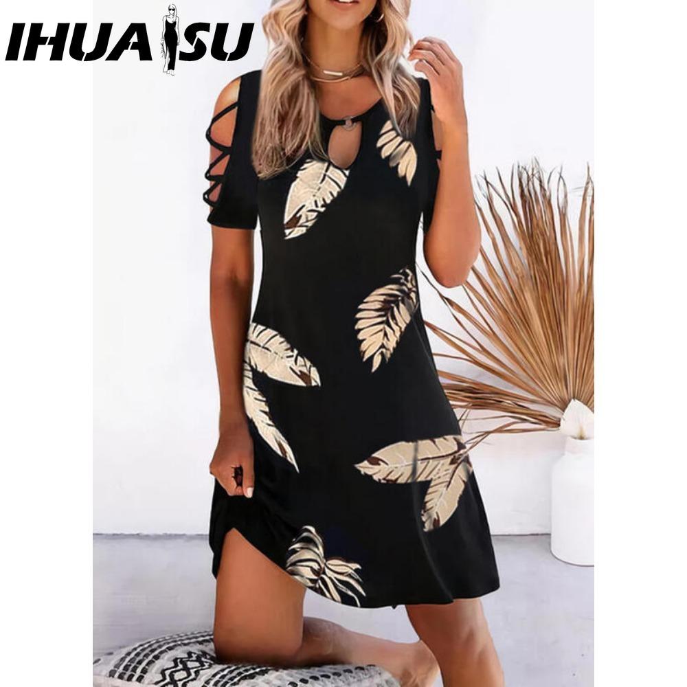 IHUASU 13 Farben Damen Kleid mit Blumenmuster Sommer Sexy Kurzarm O-Ausschnitt Mini Kleider Weiblich Vintage Elegantes Kleid