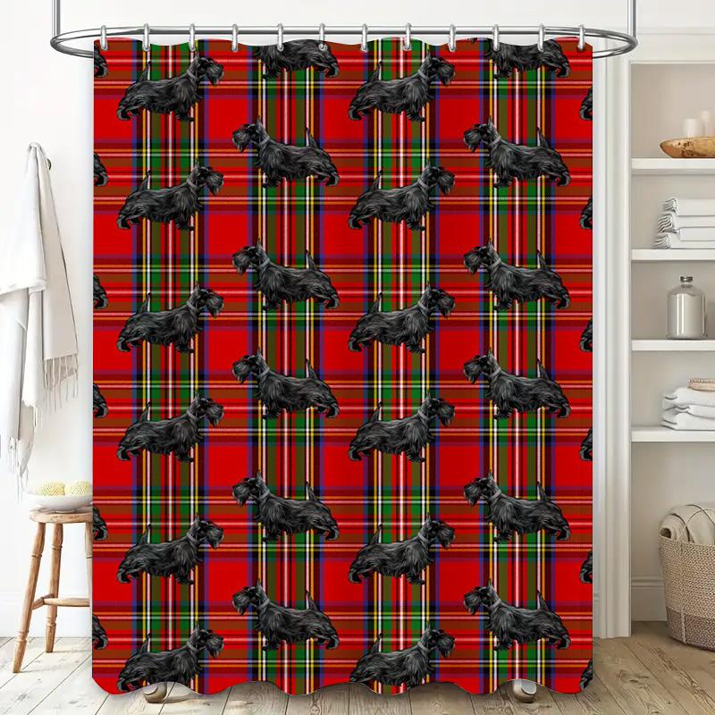 Scottish Terrier Pattern Shower Curtain Waterproof Fabric for Bathrooms Decorations Red Plaid Design Dog Print Size: 69 x 70 inc