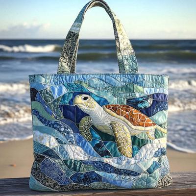 Gesteppte Strandtasche mit Meeresschildkröte für Damen, Vintage-Patchwork, Meeresbewohner, Canvas-Reisetasche zum Einkaufen, für Lebensmittel, Strand