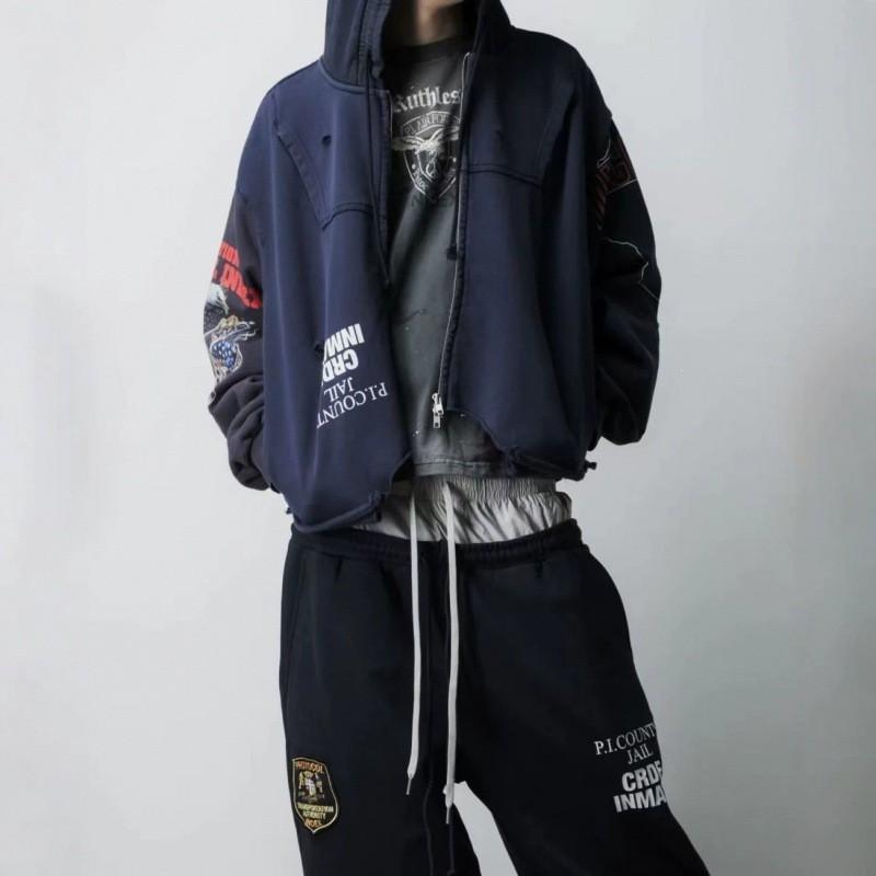 Unisex Distressed Patchwork Hooded Sweatshirt With Embroidered Zipper Front Casual Streetwear