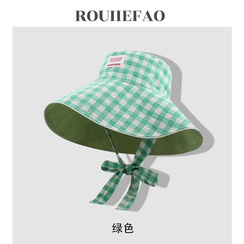 1pc Retro Ins Sweet Plaid Tie Strap Bucket Hat for Women,Summer Big Brim Double Sided Sun Caps Travel Versatile Fisherman Hats