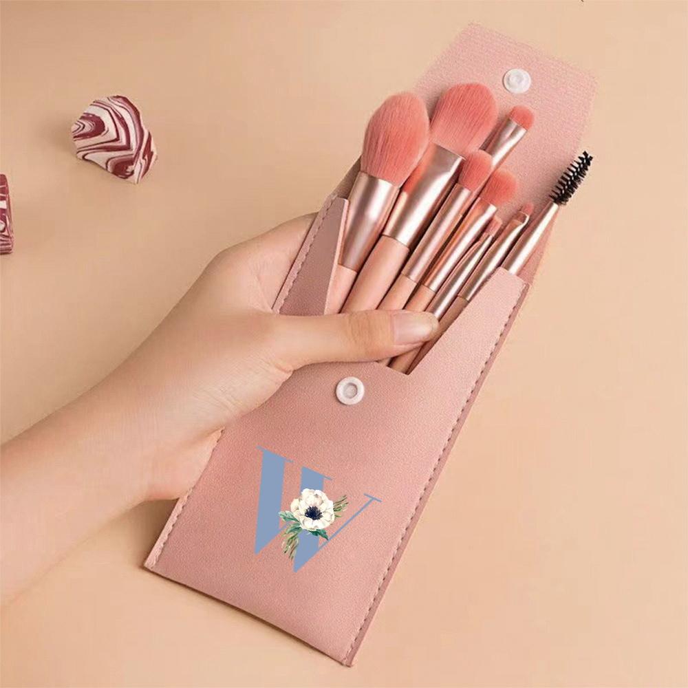 8pcs Pink Professional Makeup Brushes Set Soft Synthetic Bristles For Foundation, Blush With Travel Case Blue Pattern