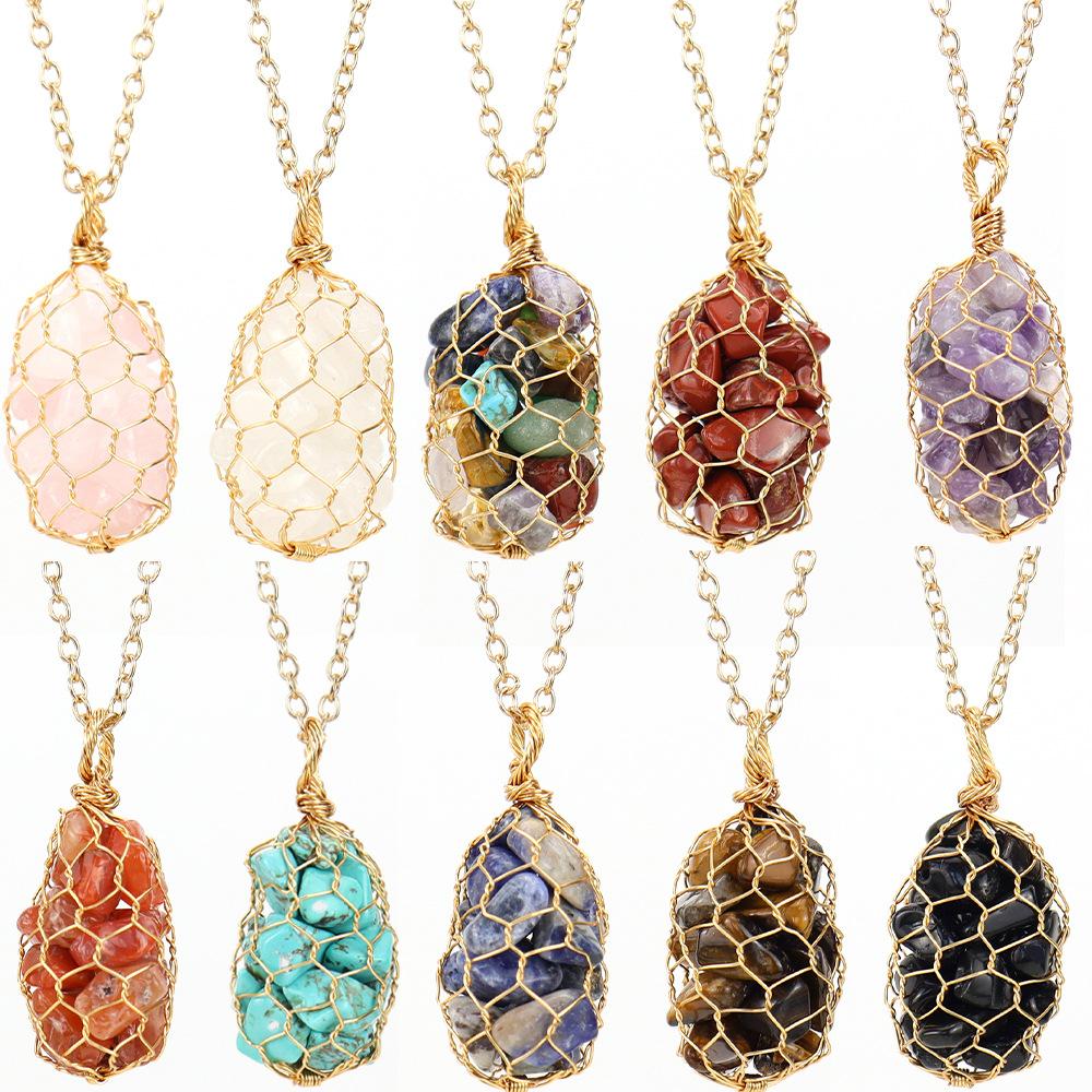Natural Colorful Crystal Gravel Amethyst Copper Wire Hand-Woven Mesh Pocket Pendant Necklace N657