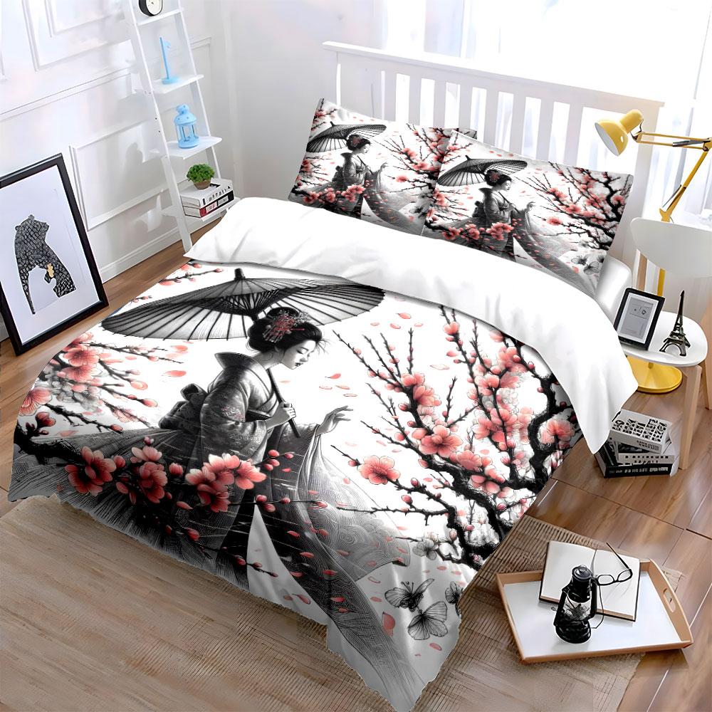 Elegant Sakura and Woman Bedding Set for Kids Luxury Gift 3pcs Digital Print Comforter Set Soft Comfortable Breathable