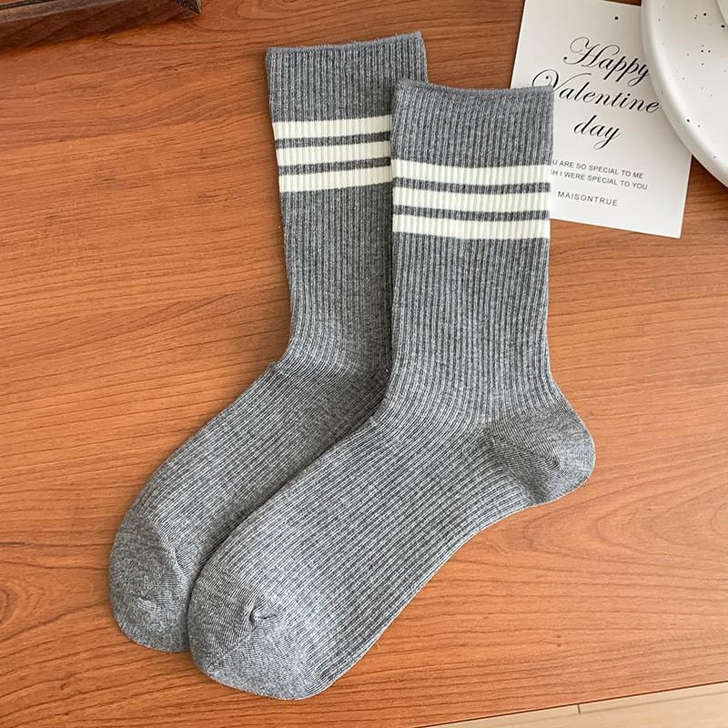 White Striped Socks Pile Socks Spring And Autumn Versatile Cotton Boneless Medium Tube Socks College Style Stockings Women