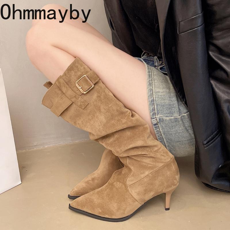 Winter Vintage Stretch Slim Women Knee High Boots Fashion Belt Buckle Pointed Toe Stripper Party Long Booties  De Mujes