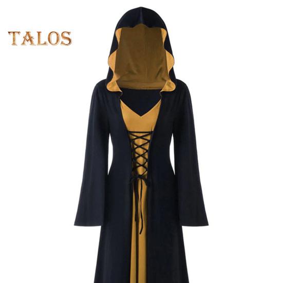 Women Cosplay Dress Dark Style Halloween Party Witch Costume Lace-up Strap Hooded Color Matching Long Horn Sleeves A-line Performance Dress