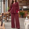 Women Autumn 2PCS Outfits V Neck Long Sleeve Texture Wrap Tops and Wide Leg Pants Casual Corduroy Matching Sets