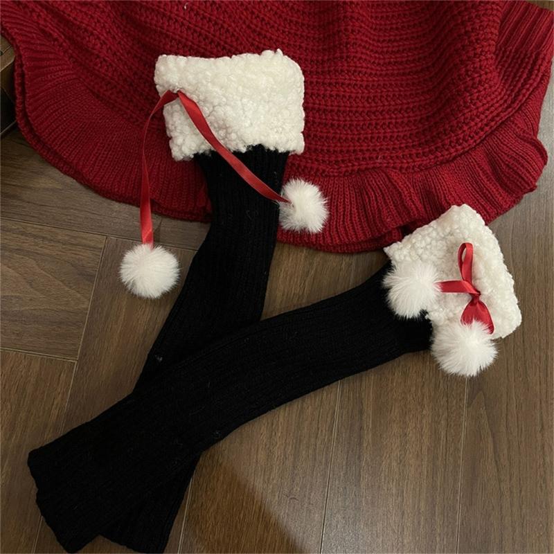 Women Winter Ribbed Knit Leg Warmer Stockings Y2K Harajuku Furry Trim Plush Ball Bow Christmas Leg Cover Long Boot Socks