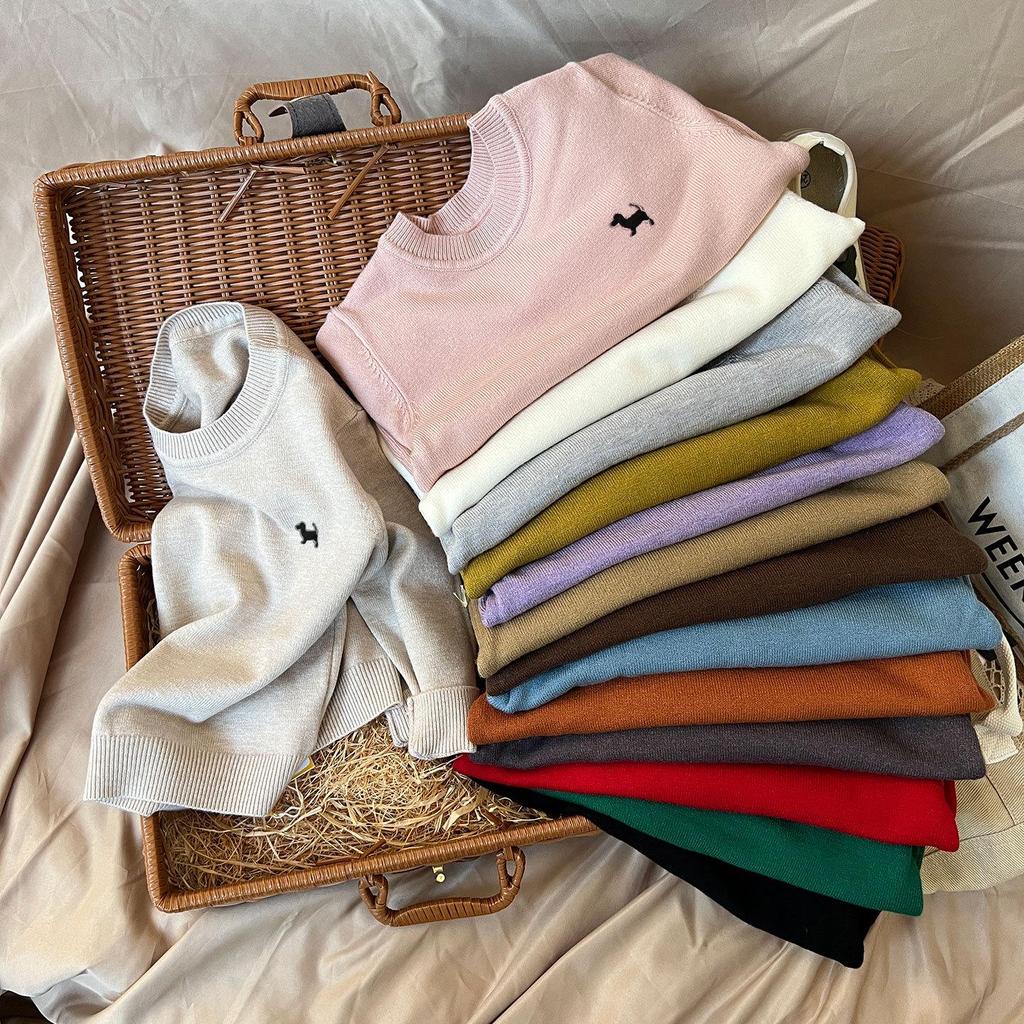 Kids' Knitted Crew Neck Sweater - Autumn/Winter, Embroidered, Loose Fit, Unisex