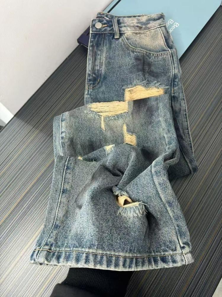 

Удобные Джинсы Больших Размеров с Рваными Дырами Женские Свободные Фигура Груши Узкие Прямые с Высокой Посадкой Широкие Брюки-Драгеры Длинные Джинсовые Брюки 4XL