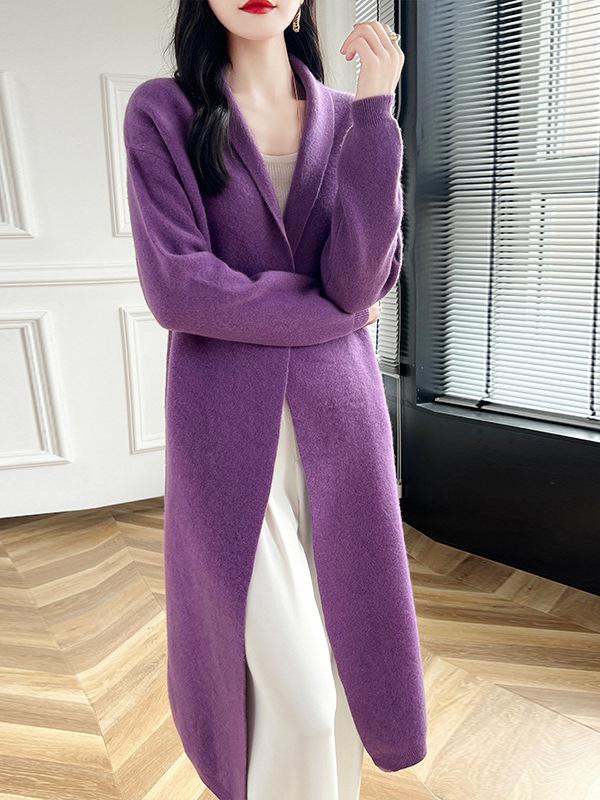 Women's Solid Color Wool Knit Cardigan - Buttonless, Long Sleeve, Casual Fit