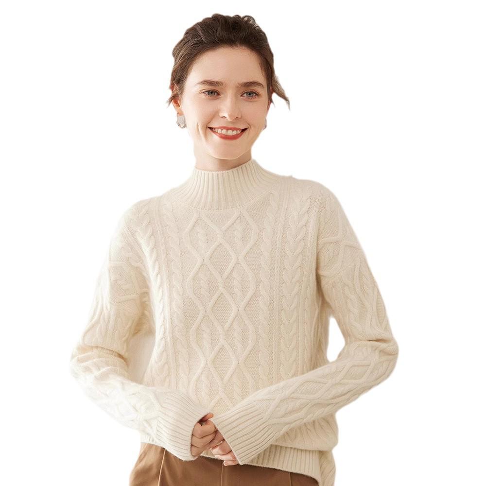 Versatile Women's Cashmere Cable Knit Sweater - Loose Slimming, Half-High Neck, Warm Base Layer