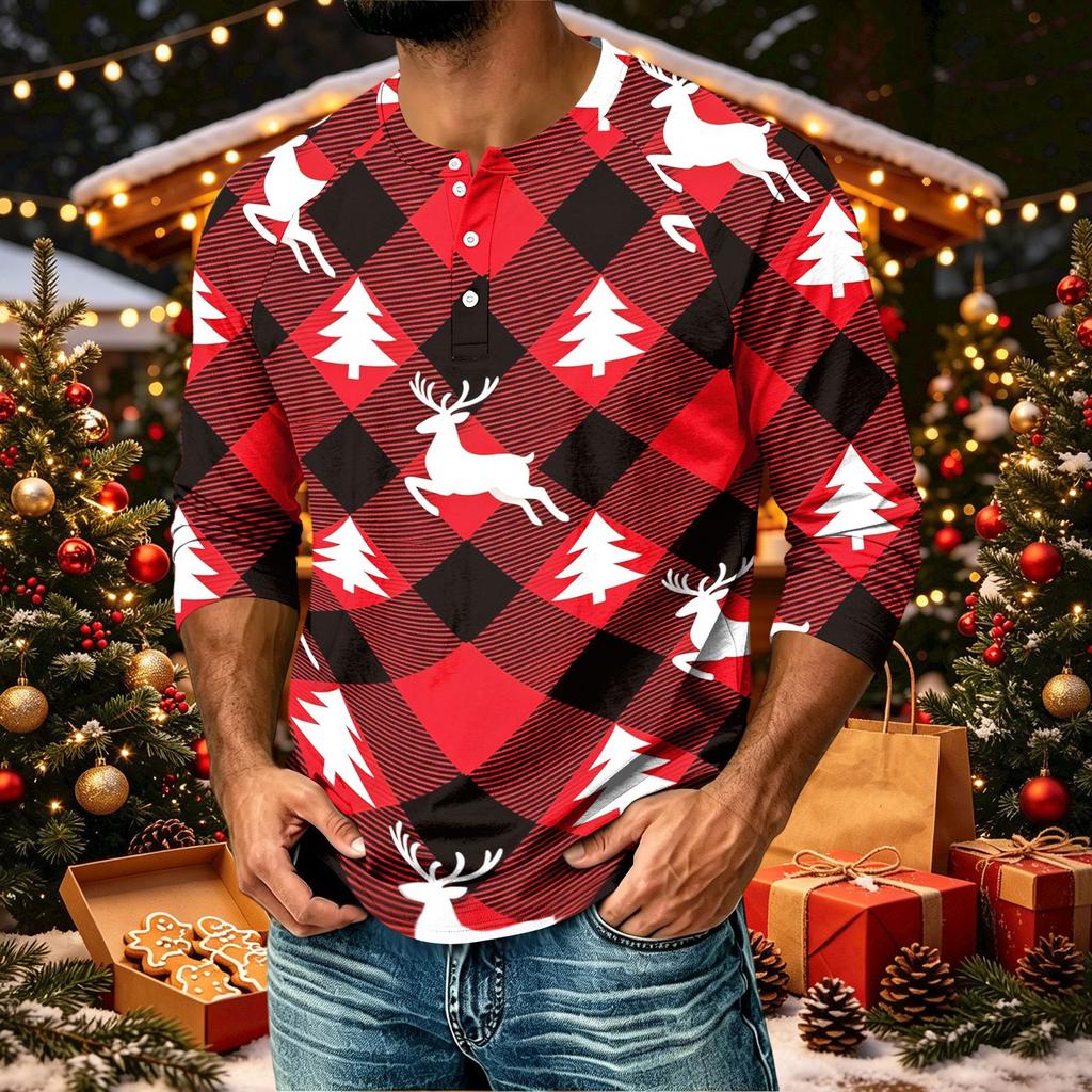 Men's Casual Shirt with Raglan Three-Quarter Length Sleeves Christmas Print Pullover