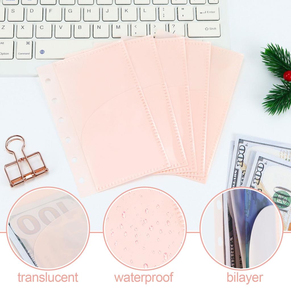 A7 5Pcs Binder Pockets Binder Zipper Folders for 6Ring Notebook Divider Page Waterproof PVC Leaf Document Filing Bag