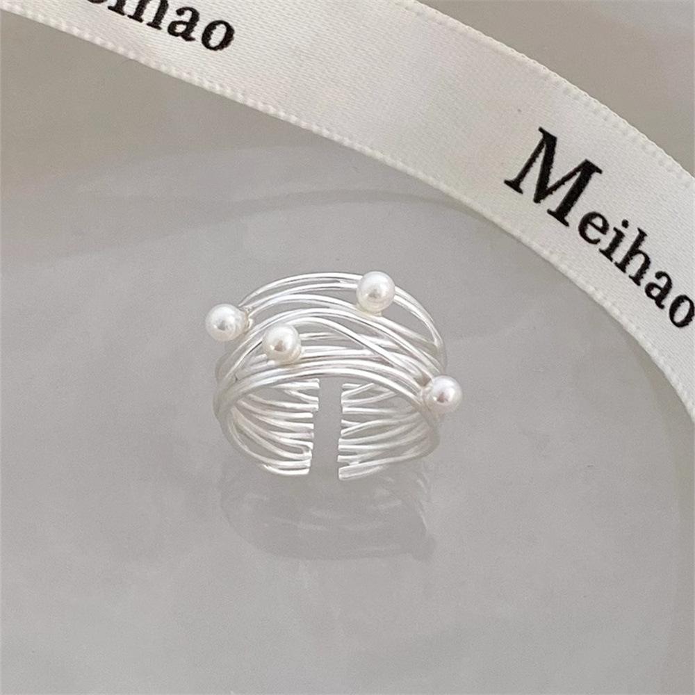 Multi-layer line winding pearl opening ring S925 sterling silver light luxury fashion niche design ring