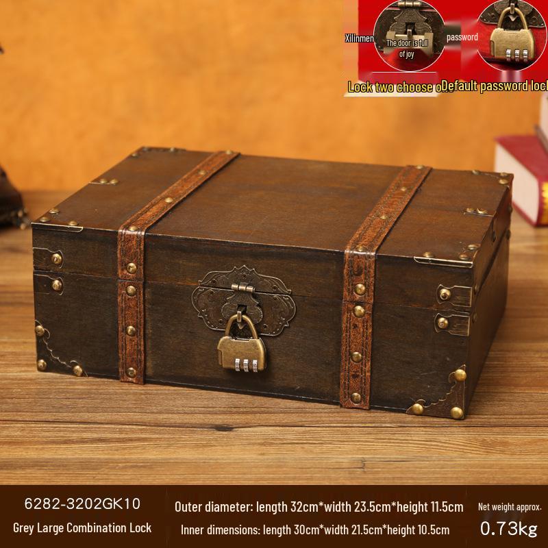 Retro Wooden Rectangular Storage Box Set with Lock - Creative Organizer & Decorative Props