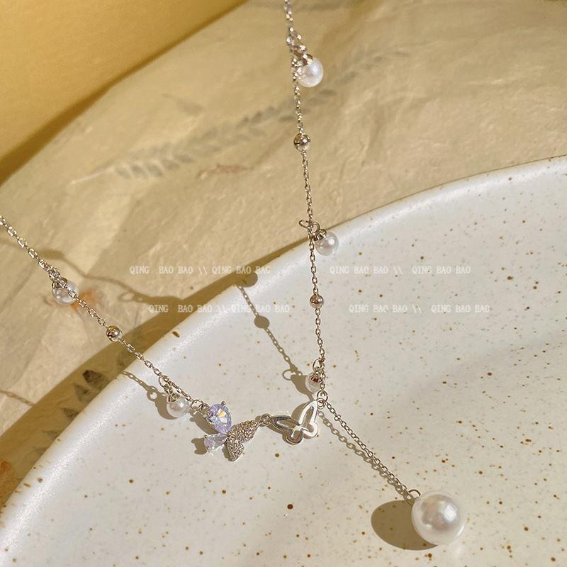 Hollow Double Butterfly Duplex Tassel Necklace Light Luxury Niche Design French Pearl Clavicle Chain Princess on the Run