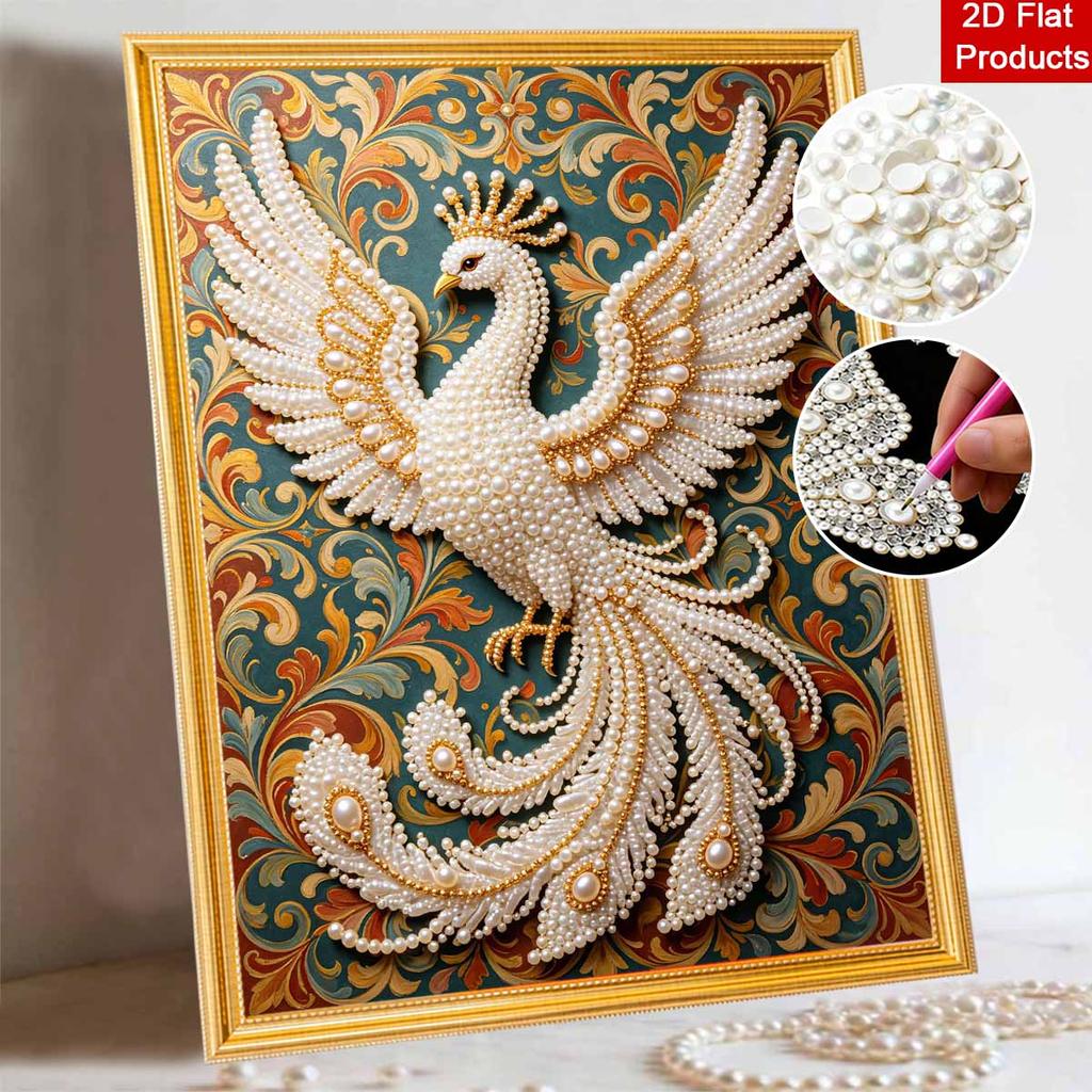 DIY Pearl Gem White Peacock Painting Shining Bead Craft Art Home Wall Ornament Simple Unframed Room Decoration Art Elegant Luxury Decor Gift