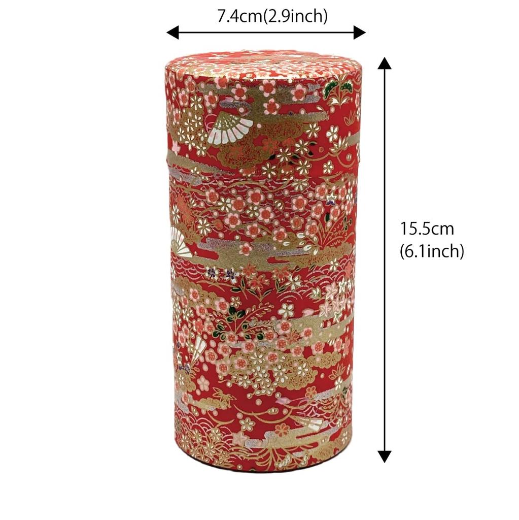 Noguchi Kumataro Tea Garden Tea Caddy, Large Capacity 200g, Yuzen Washi Paper with Inner Lid, Hyakka Ryoran Design, Made in Japan, Stylish