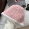 Fashion Rabbit Fur Patchwork Knit Bucket Hat Women Warm Fall Winter Large Head Size Face Slimming