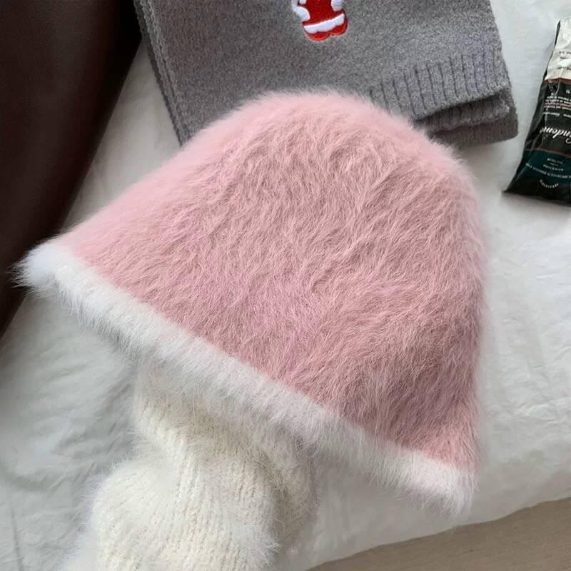 Fashion Rabbit Fur Patchwork Knit Bucket Hat Women Warm Fall Winter Large Head Size Face Slimming