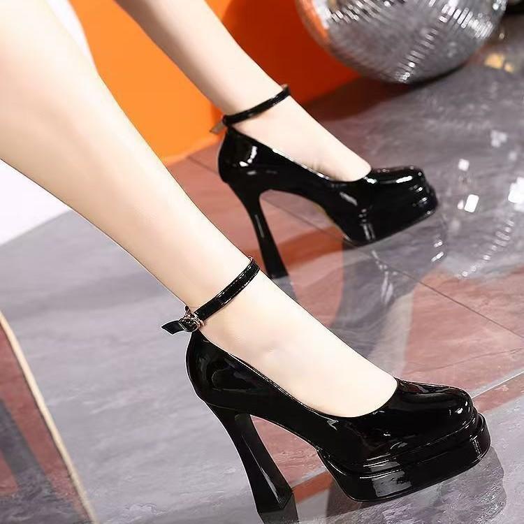 Wind European patent leather annual thick heel single shoes waterproof table versatile high heels super height increase spring celebrity shallow mouth