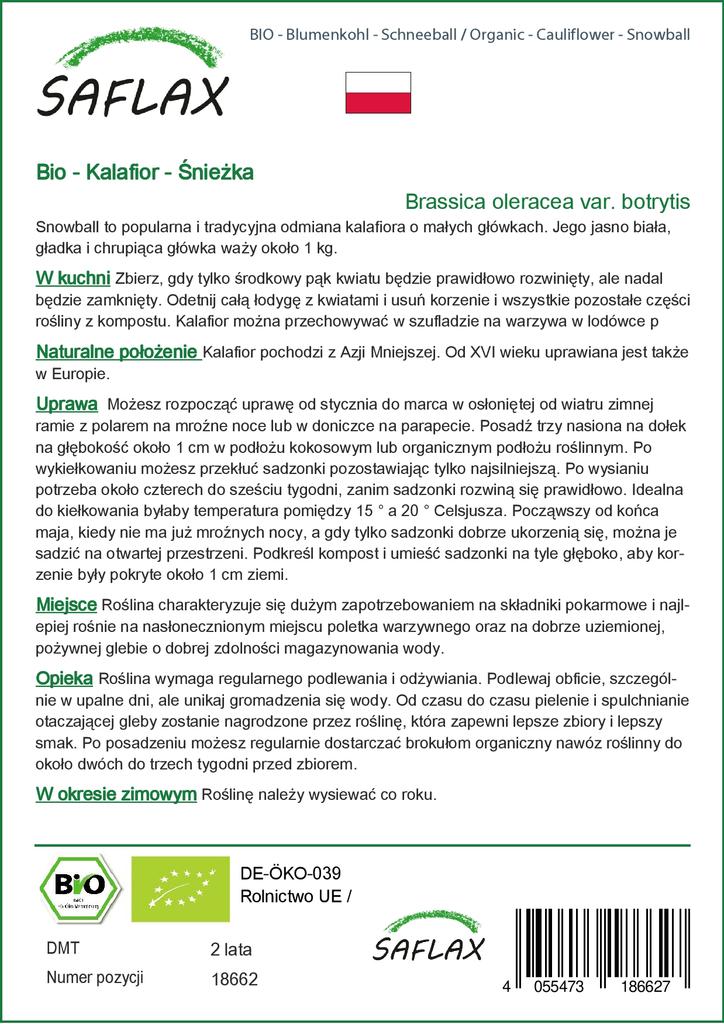 SAFLAX Garden In the Bag - Organic - Cauliflower - Snowball - 70 Seeds - With Substrate In a Fitting Stand Up Bag - Brassica Oleracea