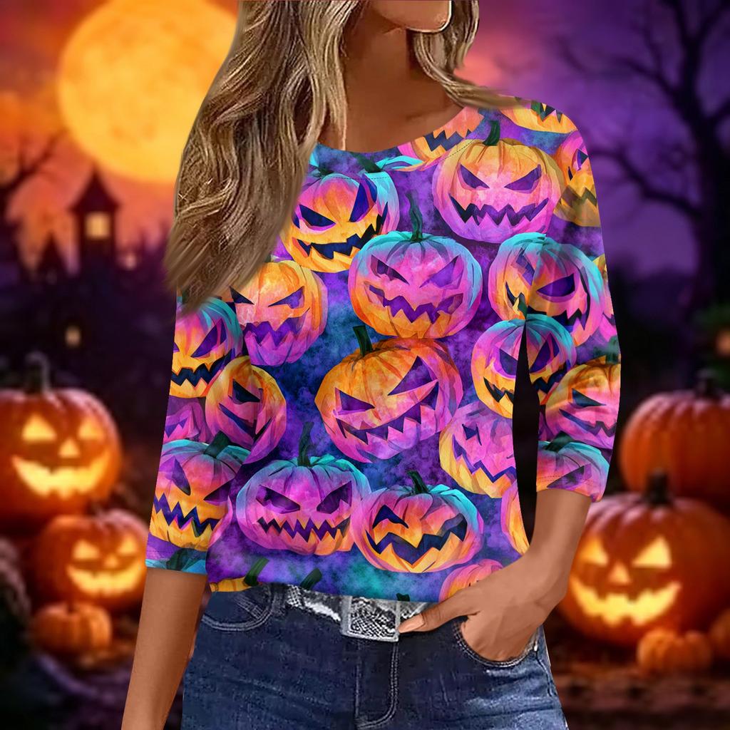 Women's Halloween and Pumpkin Print Short Sleeve Round Neck T-Shirt Casual Pullover Top