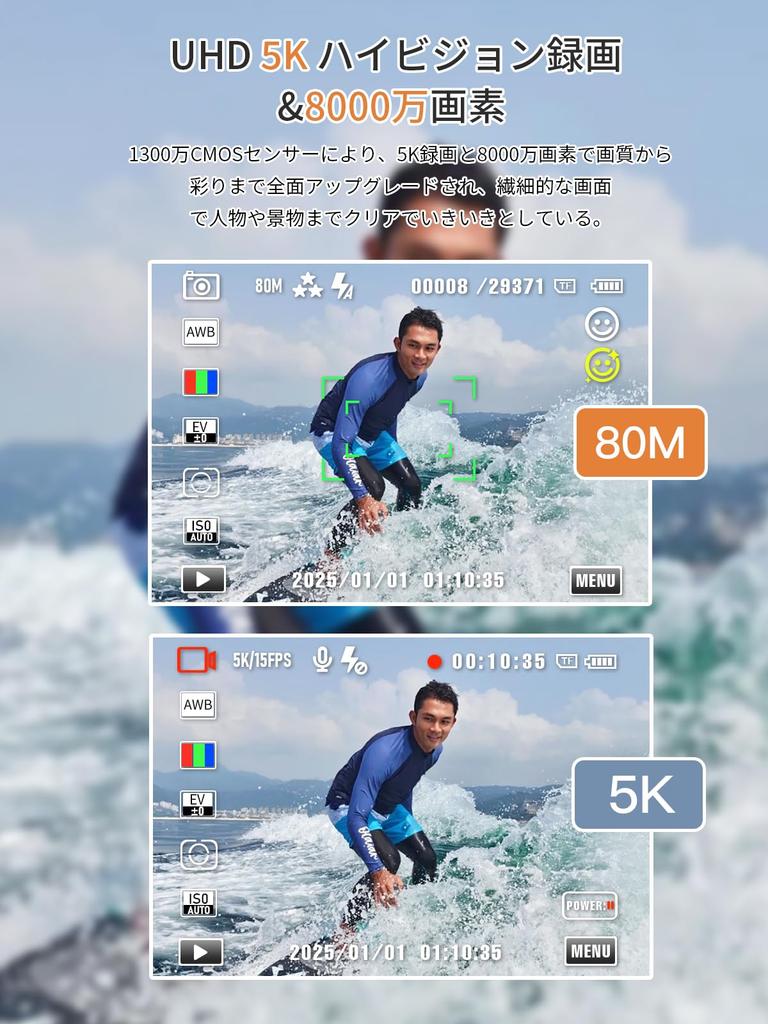 AiMike 5K Digitalkamera mit WLAN-Übertragung, 80MP Dual-Bildschirm, 64GB Micro-SD-Karte, 18x Digitalzoom, Autofokus, Webcam, 19 Filter, Praktisch
