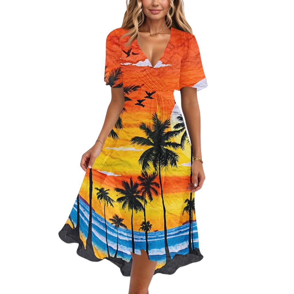 Summer Dresses for Women 2026 V Neck Short Sleeve Midi Dresses for Women Casual Dresses for Women Floral Dress