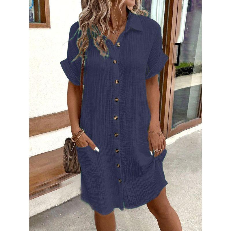 Western Style Fashion Casual Loose Short Sleeve Dress Single Breasted Short Dress Single Brewed Dress