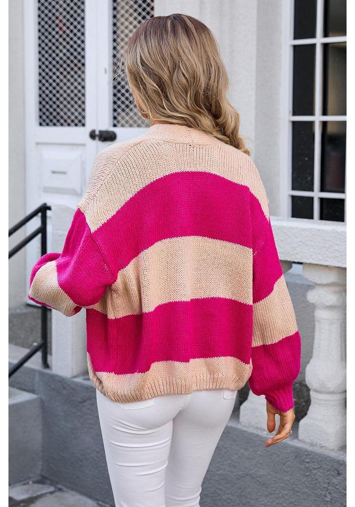 2026 Autumn/Winter Women’s Plus Size Color Block Knit Cardigan Sweater