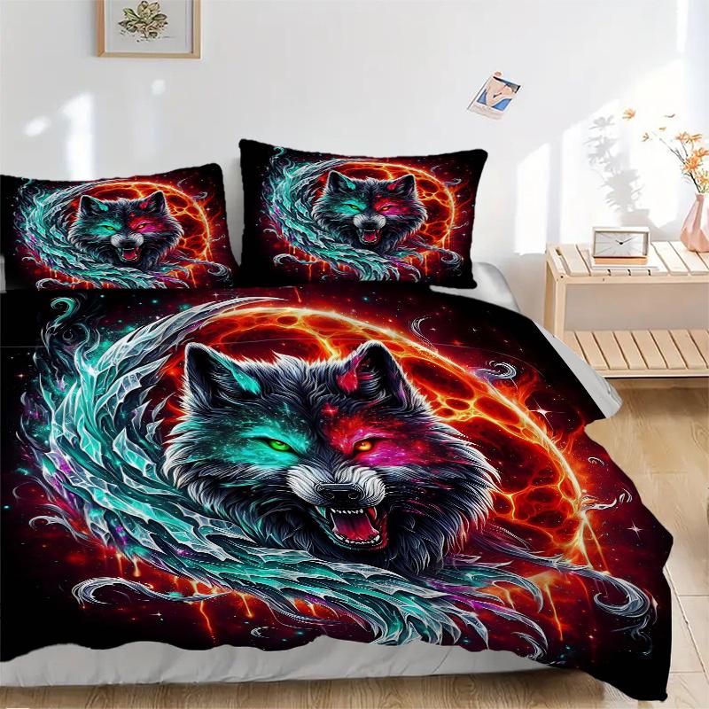 3pcs Galactic Wolf Print Bedding Set (1 Cover + 2 Pillowcases, Without Inserts), This Printed Bedding Set is Soft and Comfortable, Suitable for U