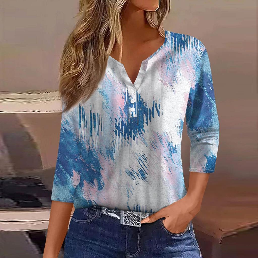 Women's T Shirt Tee Print Button 3/4 Sleeve Tunic Daily Weekend Fashion Basic V- Neck Regular Top