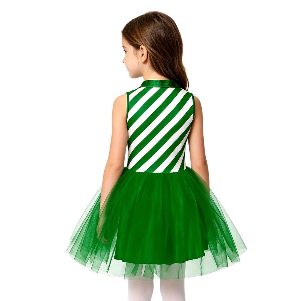 Kids Girls Christmas Costume Tulle Tutu Dress Candy Stripe Sleeveless Metallic Collar for Stage Performance Theme Party Holiday
