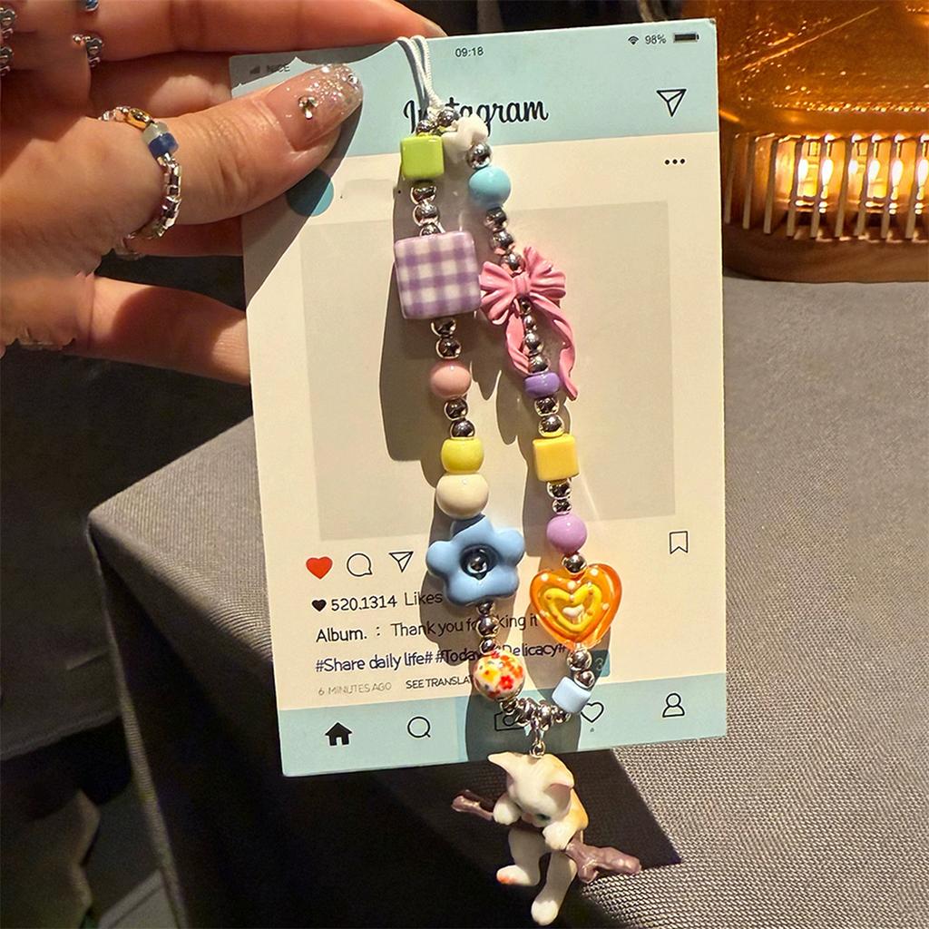 Cute Cartoon Cat Bowknot Love Heart Colourful Beads Mobile Phone Lanyard Bracelet CCD Camera Bag Universal Accessories Gift