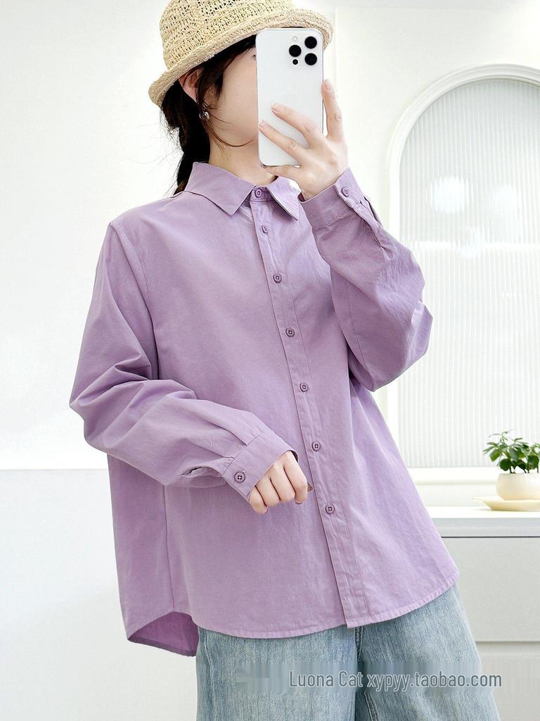 Women's Candy Color Long Sleeve Cotton Shirt - Minimalist, Versatile, and Slimming Design